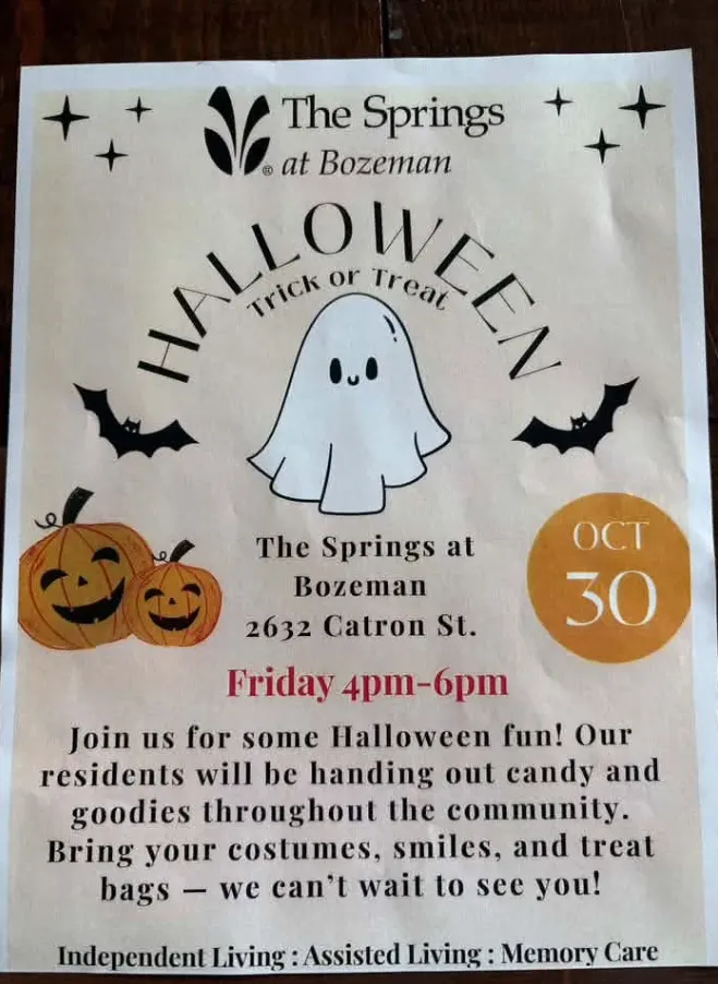 Flyer for Halloween Trick or Treat at The Springs · Bozeman