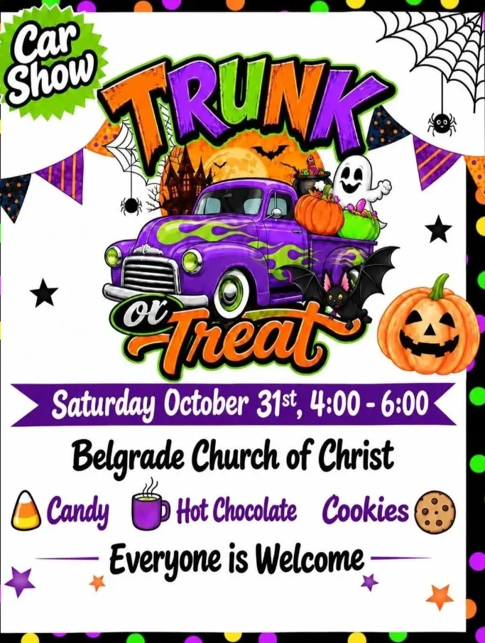 Flyer for Trunk or Treat & Car Show at Church of Christ · Belgrade